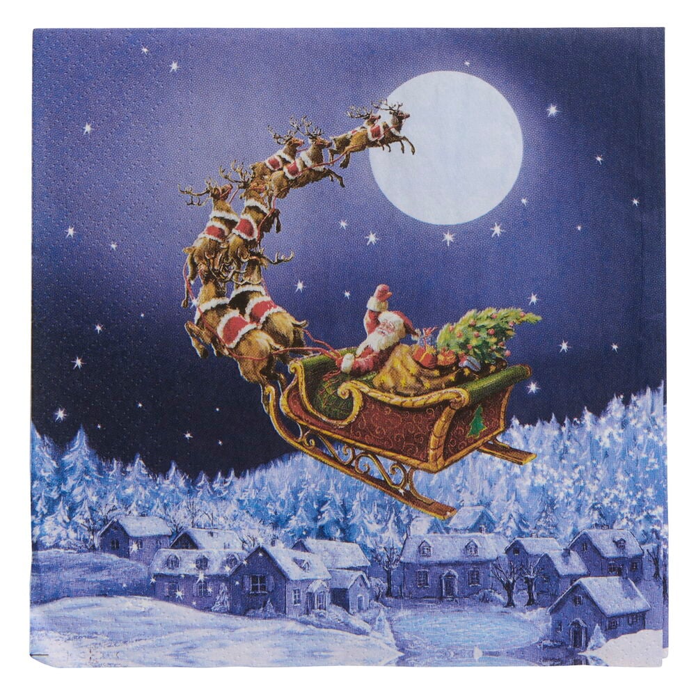 Servietter 20-pk Papir Christmas Santa med julenissen og reinsdyr som flyr over en snødekt landsby.