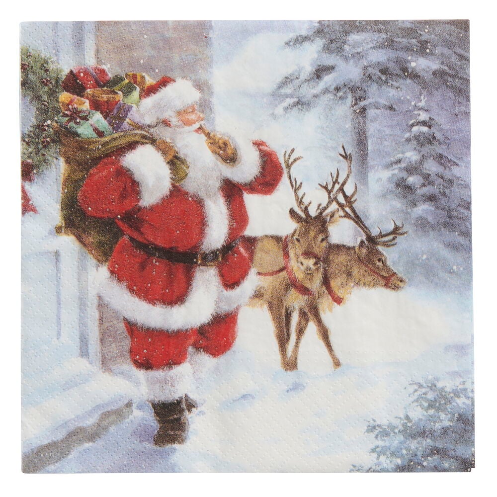 Servietter 20-pk Papir Christmas Santa, viser nissen med gavesekk og to reinsdyr i snø.