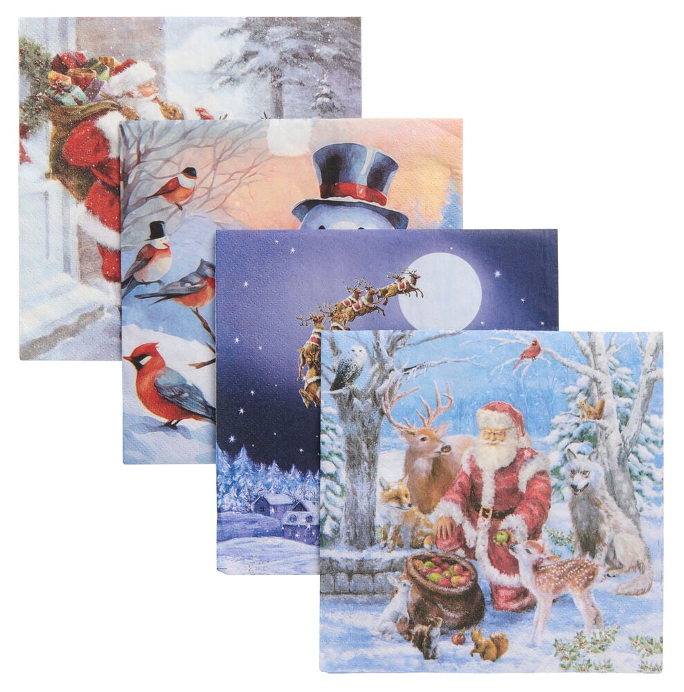 Servietter 20-pk Papir Christmas Santa sett med fem unike designmotiver av snørike vinter- og julenissescener.