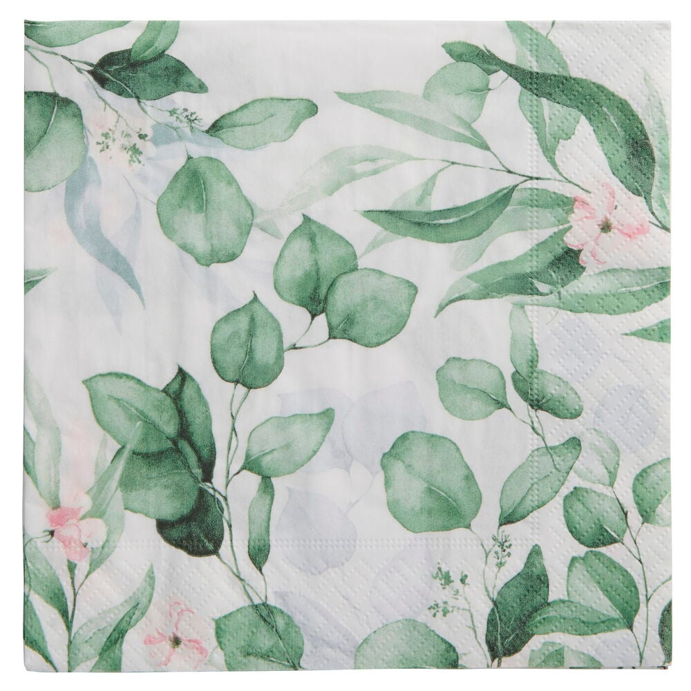 Servetter Lea: Vita fyrkantiga pappersservetter med gröna eukalyptusblad och rosa blommor.