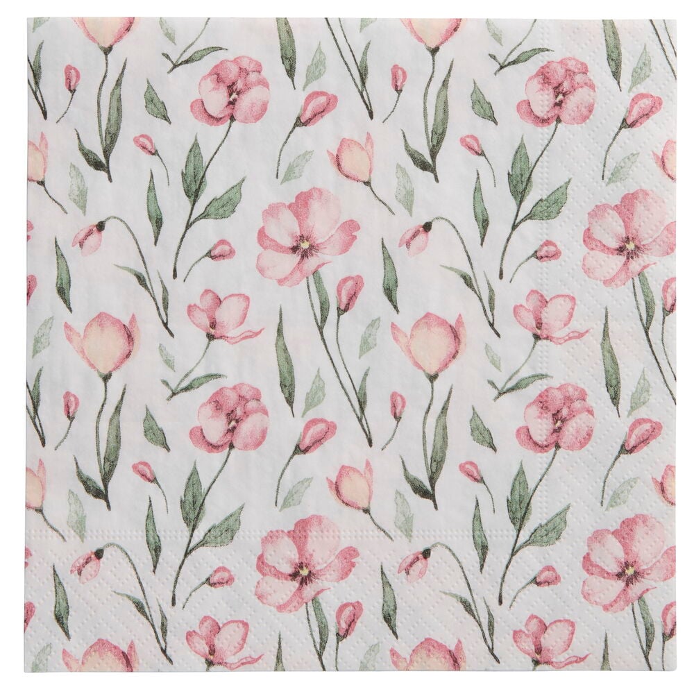 Servietten Vallmo, weiß mit einem Aquarellmuster aus rosa Mohnblumen und grünen Blättern.