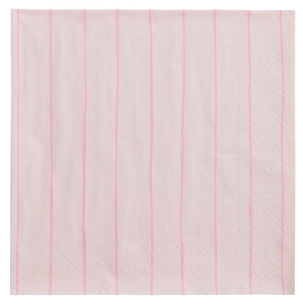 Servietten Rosie: Eine hellrosa Serviette mit dunkleren rosa vertikalen Streifen und geprägten Rautenmustern an den Rändern.