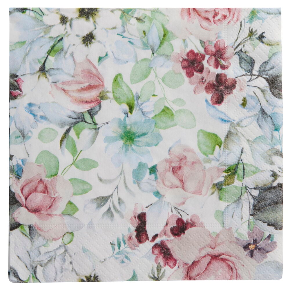 Servietten Rosa, eine quadratische Papierserviette mit rosa, blauen und grünen Blumenmuster auf weißem Hintergrund.