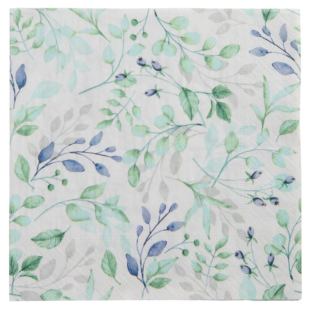 Servetter 20-pack Olivia, vita med mönster av gröna, blå och grå blad och små blå bär.