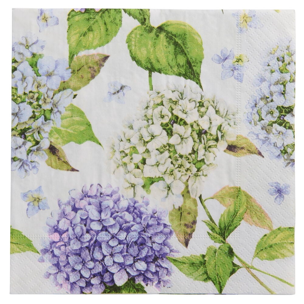 Servietter 20-pk Hortensia med blomstermønster av hvite, lyseblå og lilla hortensiaer med grønne blader.