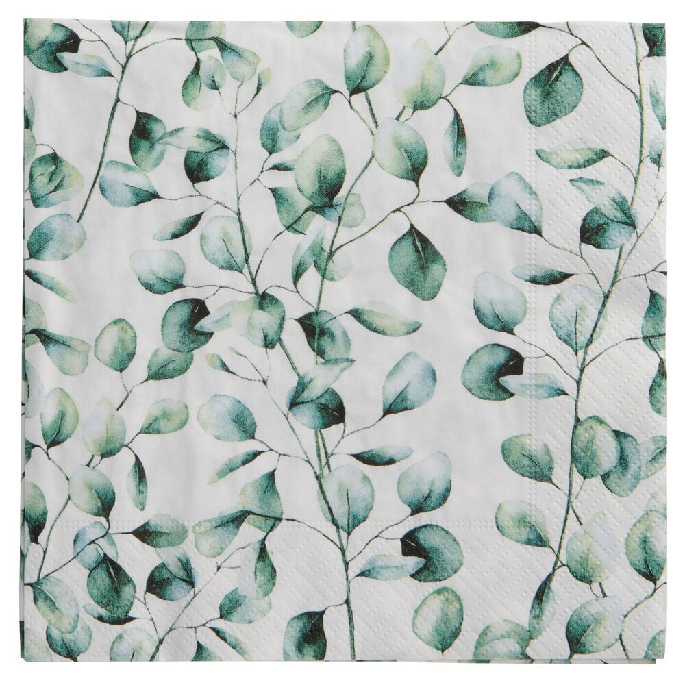 Hvite Servietter 20-pk Eukalyptus med et grønt eukalyptusbladmønster.