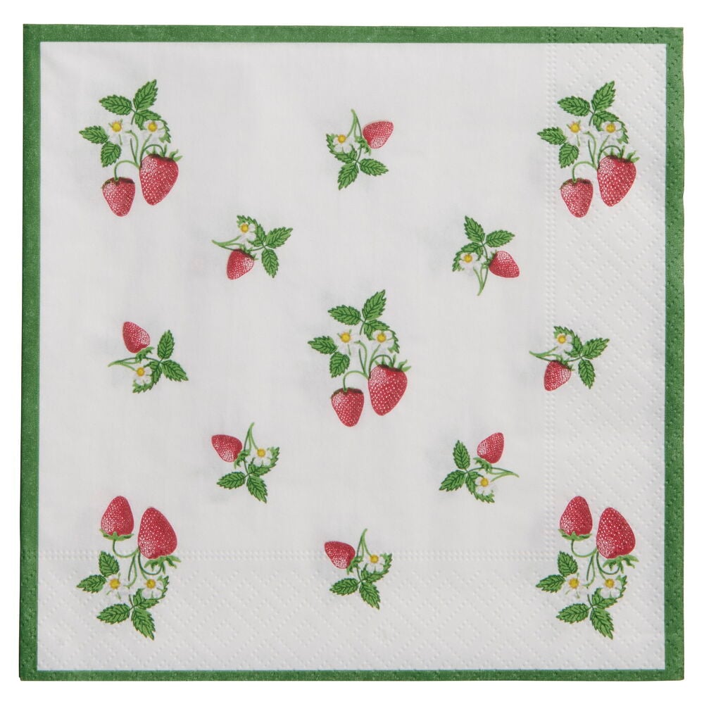 Lautasliinat 20-pack Mansikka, valkoiset vihreällä reunalla ja toistuvalla mansikkakuviolla.