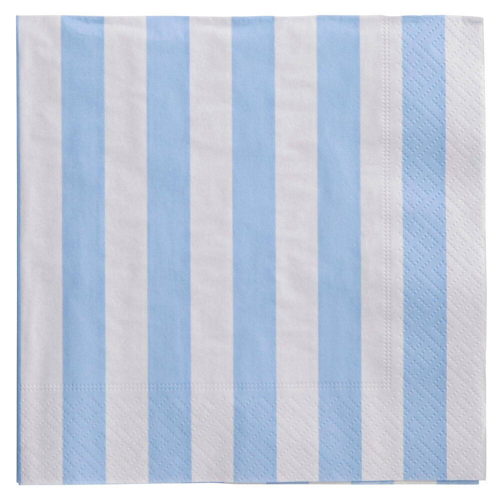 Taitettu sini-valkoraidallinen paperinen Lautasliinat 20-pack, jossa on kuvioitu pinta.