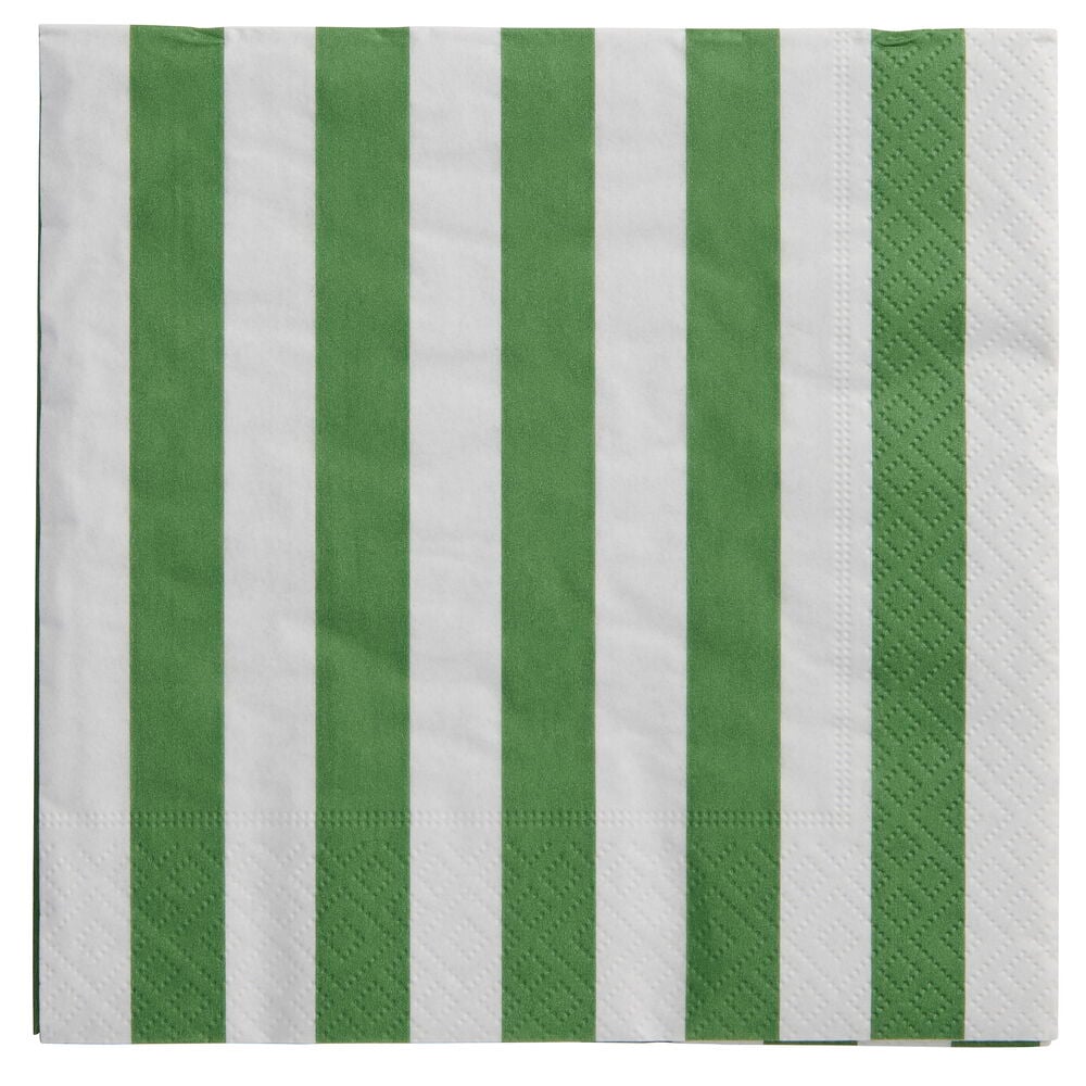 Vihreä-valkoiset raidalliset paperiset lautasliinat, neliönmuotoiset ja taitetut, kuvioidulla pinnalla.