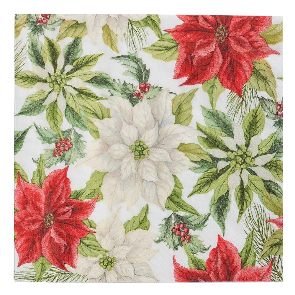 Lautasliinat 20-pack Poinsettia, jossa on punaisia ja valkoisia kukkia, vihreitä lehtiä ja punaisia marjoja.