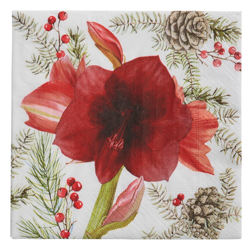 Lautasliinat 20-pack Amaryllis, punaisella amarylliksen kukalla, männynoksilla, punaisilla marjoilla ja kävyillä.