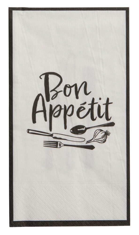 Eine weiße rechteckige Bon appetit Serviette mit schwarzem Rand, schwarzem Text und Besteckillustrationen.