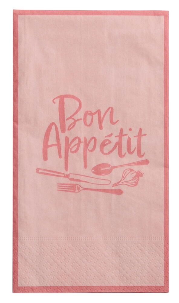 Rosa rechteckige Bon appétit Servietten mit Besteck- und Zwiebeldruck, dunkelrosa umrandet.
