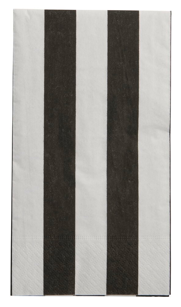 Suorakulmaiset lautasliinat 15-pack StripeBlack, joissa mustavalkoiset pystyraidat, taitettuna esillä.