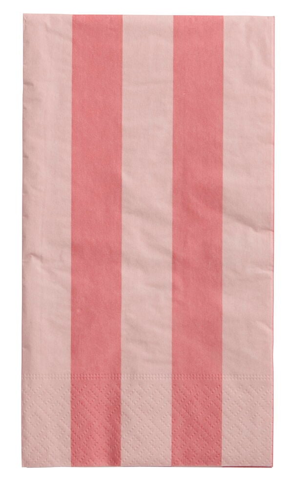 Suorakulmaiset vaaleanpunaiset raidalliset lautasliinat, joissa vaalean- ja tummanpunaiset pystyraidat ja kohokuvioitu timanttikuvio.