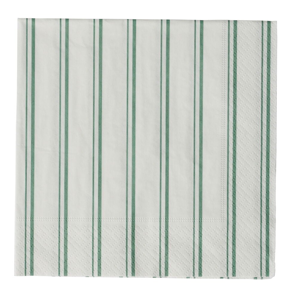 Bon appetit Stripe 20-pk hvite papirservietter med vertikale grønne striper og teksturerte kanter.