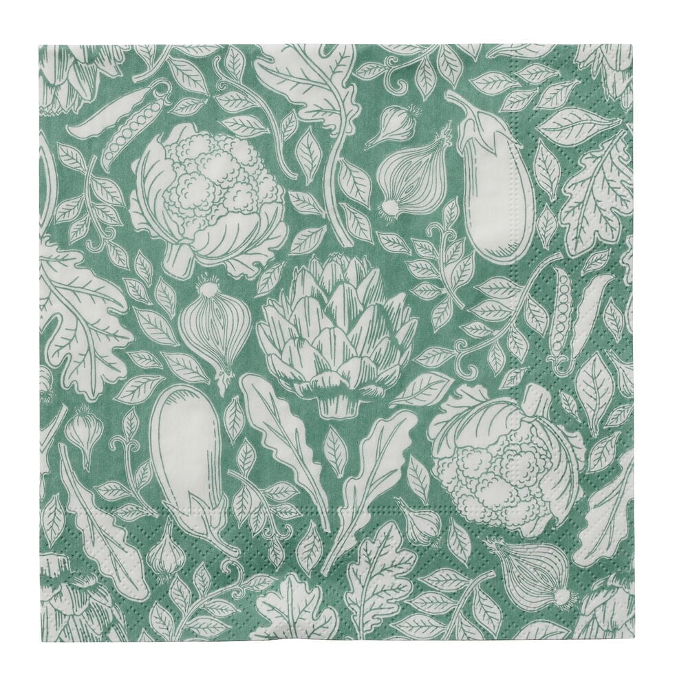 Servietter 20-pk Artichoke, salviegrønn med hvite omrissede grønnsaksmønster inkludert artisjokker, auberginer og løk.