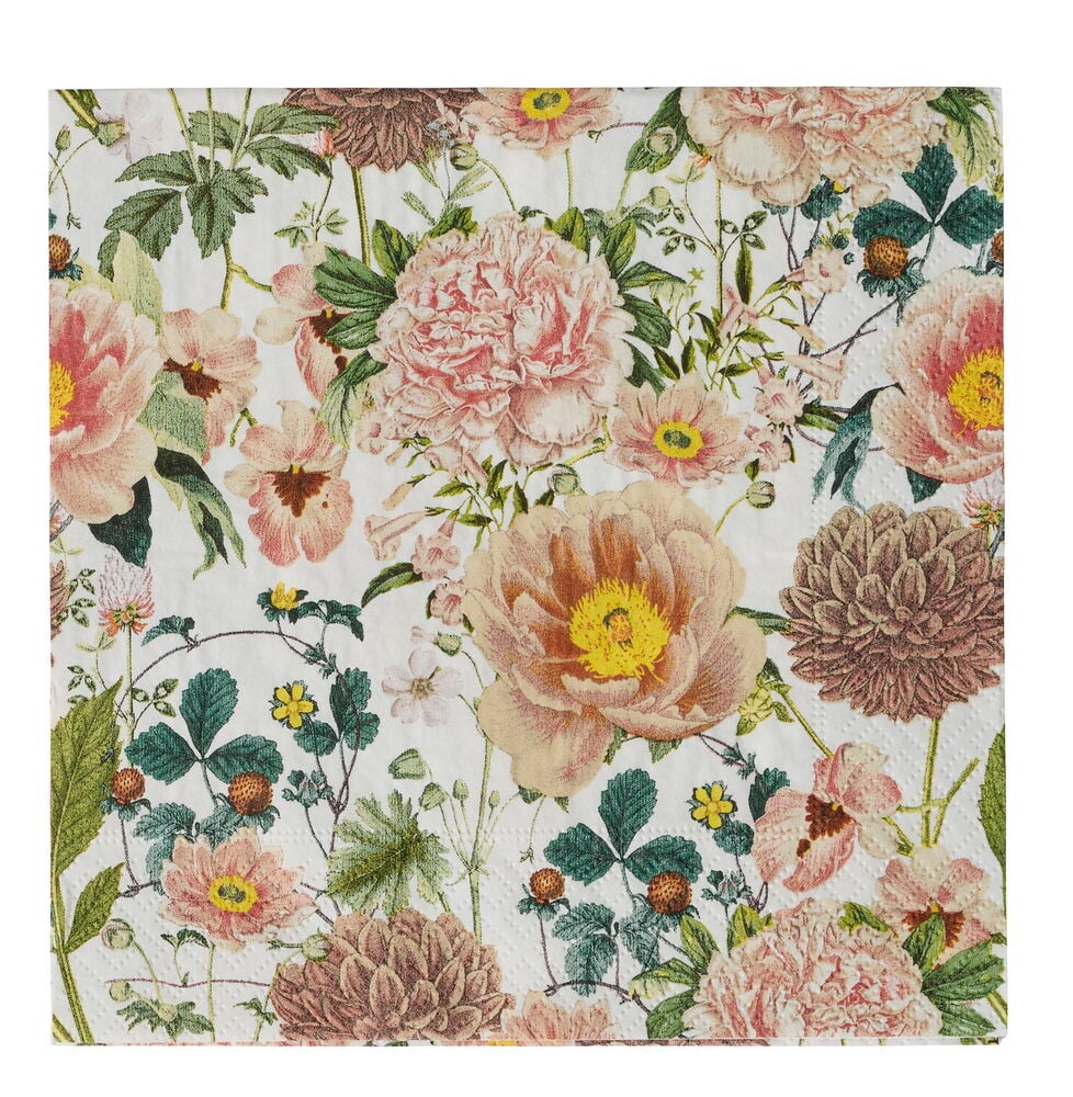 Servietter 20-pk Beige, kvadratiske, med et detaljert vintage blomstermønster i rosa, krem og brunt.
