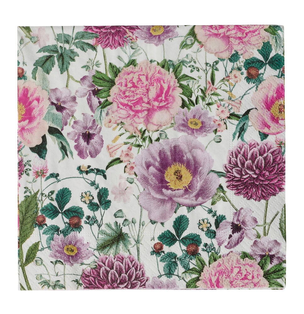 Servietter 20-pk Lilla, kvadratiske, med blomstermønster i rosa og grønt på hvit bakgrunn.