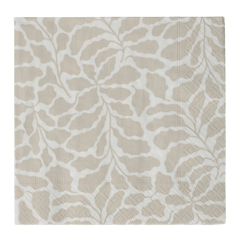 Servietter 20-pk med beige og hvitt abstrakt bladmønster, sett ovenfra.