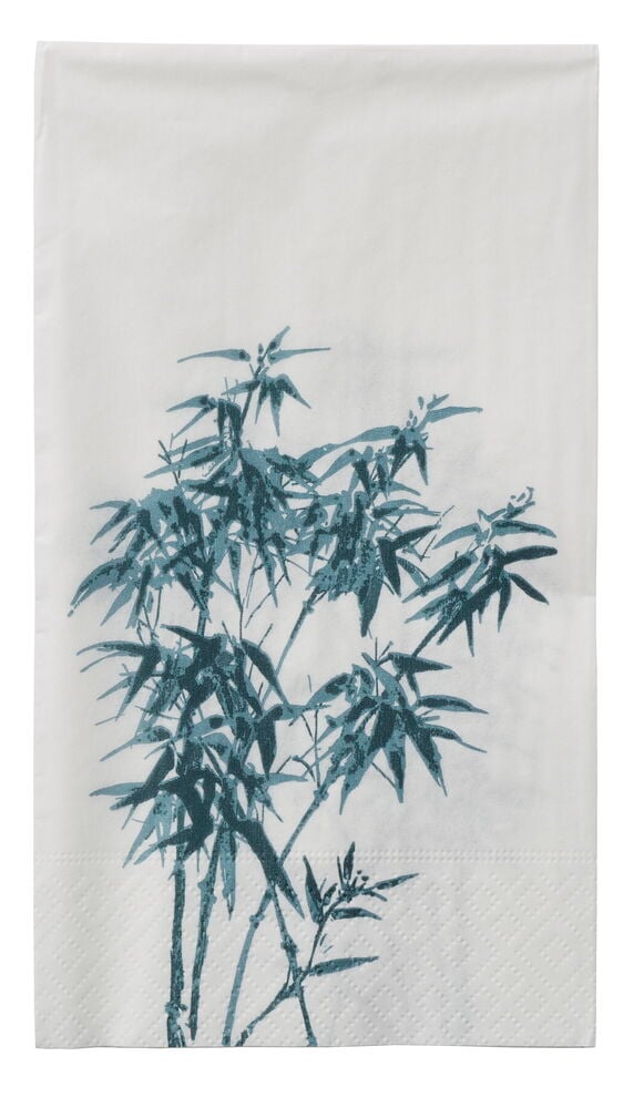 Servietter 15-pk Bamboo Green, en hvit serviett med grønt bambustrykk, brettet, med strukturert bunn.