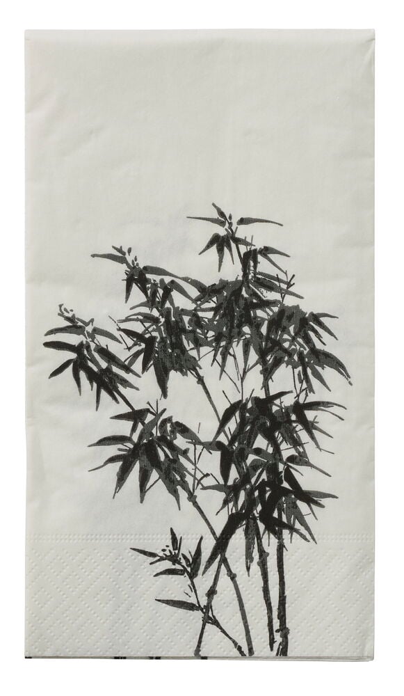 Servietter 15-pk Bamboo Black: Hvite papirservietter med svart bambustrykk og preget tekstur nederst.