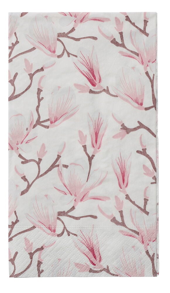 Servietter 15-pk Magnolia Pink med hvit base og rosa magnoliablomstermønster, nærbilde forfra.