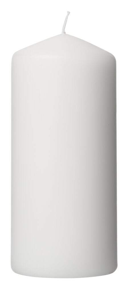 Ett vitt blockljus med rund topp och veke.