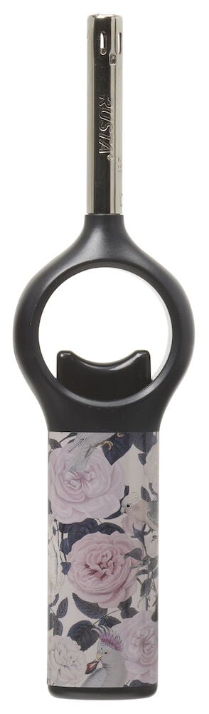 Musta kaasusytytin kukkakuviollisella kahvalla ja pitkällä kaulalla.