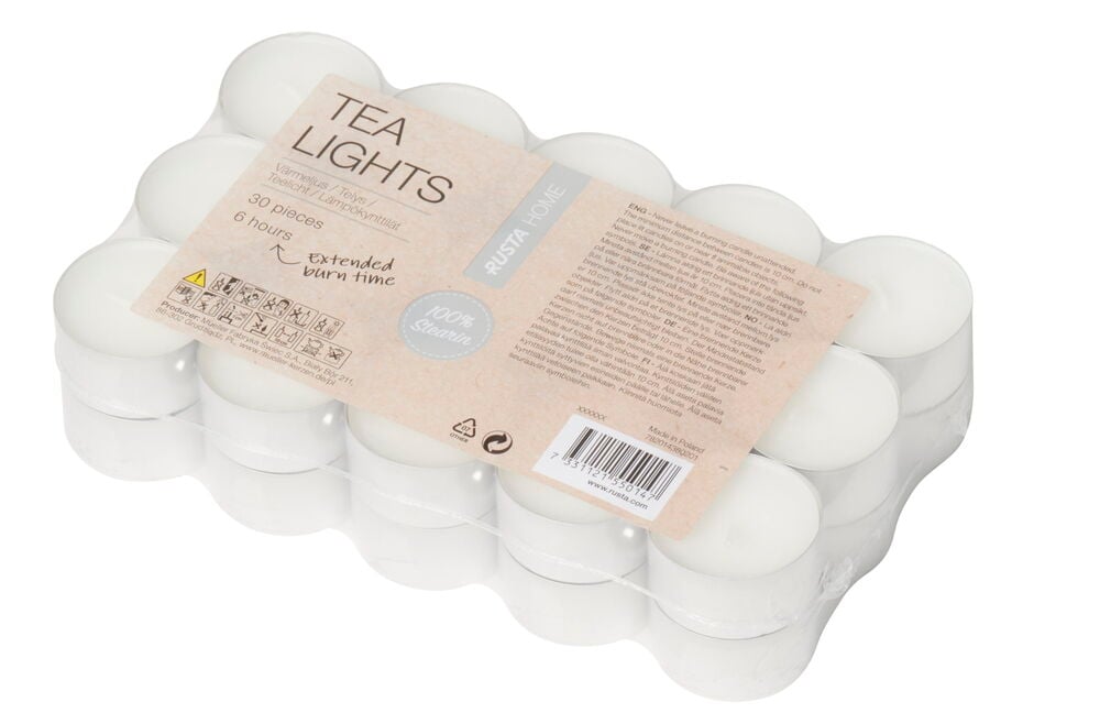 Verpackung mit dreißig weißen Teelichtern in Aluminiumbechern.