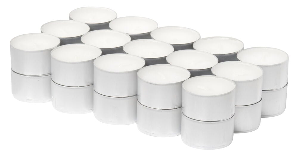 Värmeljus i aluminiumkopp staplade i flera rader.