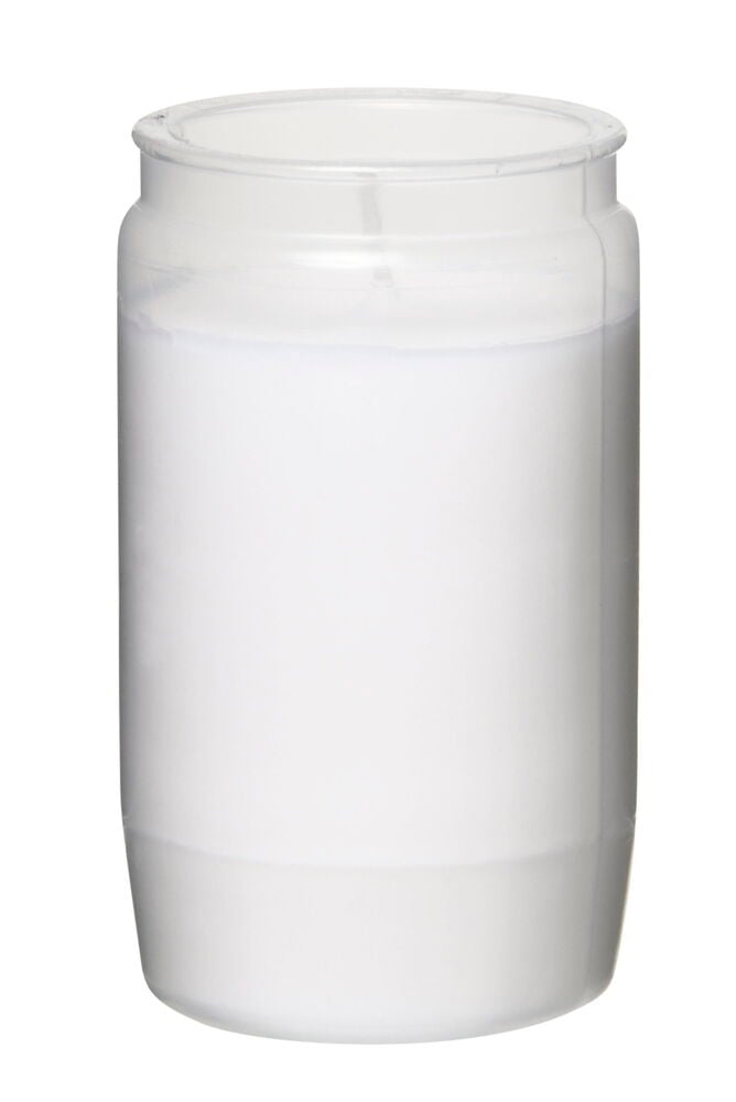 Valkoinen öljykynttilä läpinäkyvässä muovisessa astiassa.