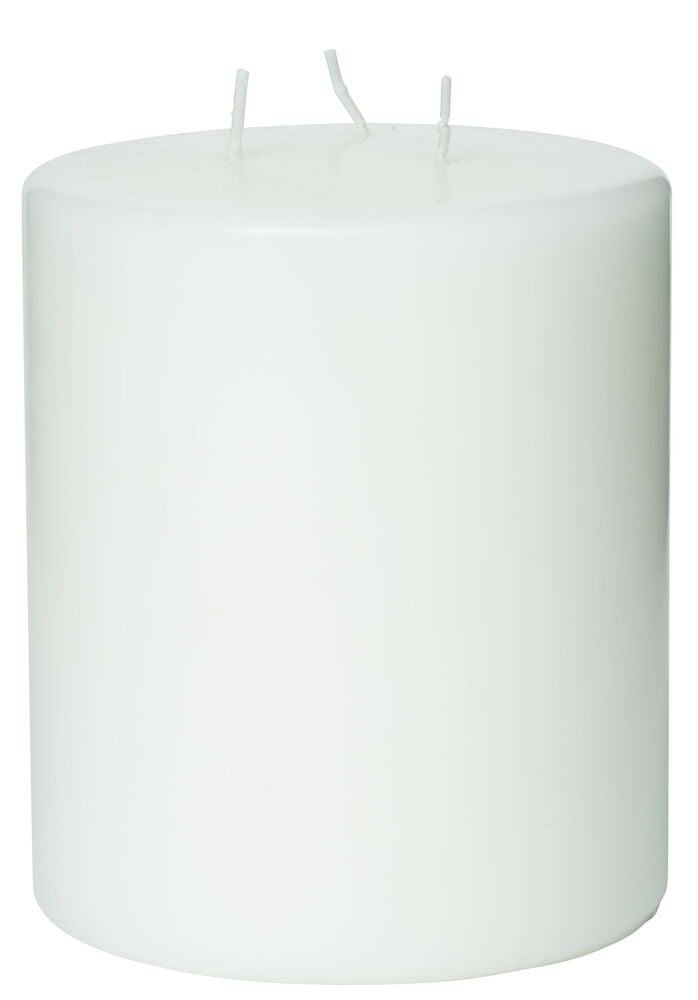 Vitt blockljus med tre vekar, cylindrisk form.