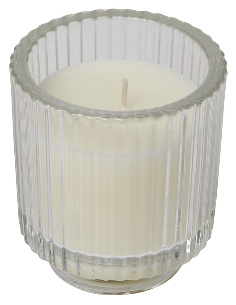 Ribbat glasljus med vitt ljus och veke.