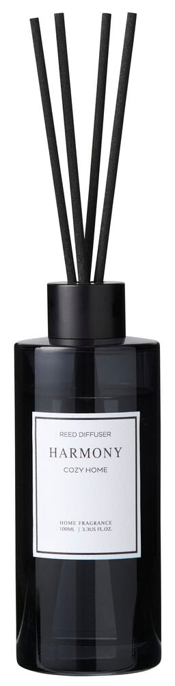 Duftpinner Harmony 100 ml Røykgrå Glass Cozy Home med fire svarte pinner og en hvit etikett.