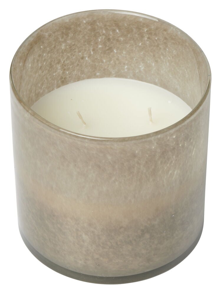 Große braune Kerze in einem Glasbehälter mit zwei Dochten.