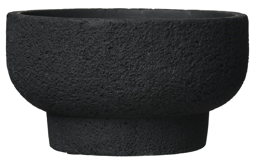 Schwarze Betonschale mit grober Struktur und abgerundeter Form.