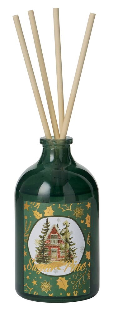 Doftpinnar Nature 100 ml Grön Glas med träpinnar och en festlig etikett med vintermotiv.