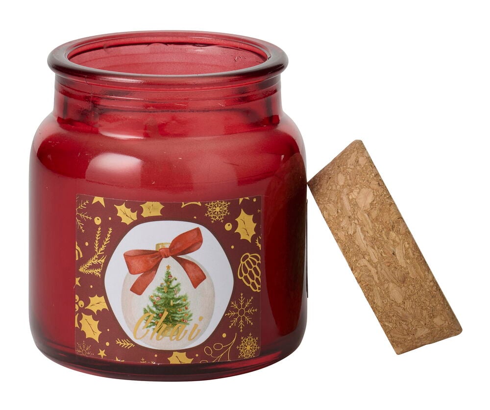 Duftlys Nature Rød Glasskrukke med julepyntetikett og separat korkstopper.