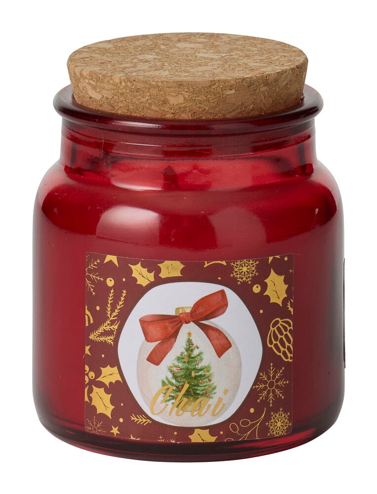 Duftlys Nature Rød Glass med korklokk og en festlig julepyntetikett.