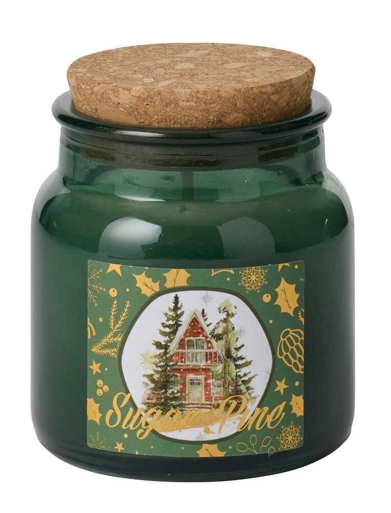 Duftlys Nature Grønn Glass med korklokk og en vinteretikett som viser et rødt hus.