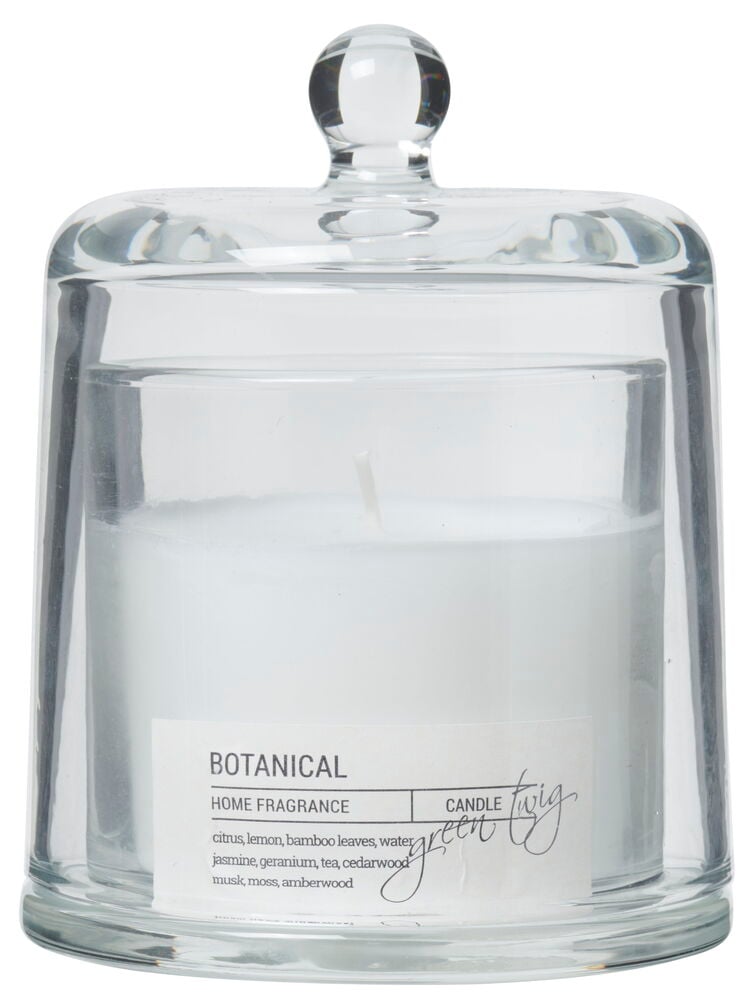 Doftljus i glasburk med lock och knopp.