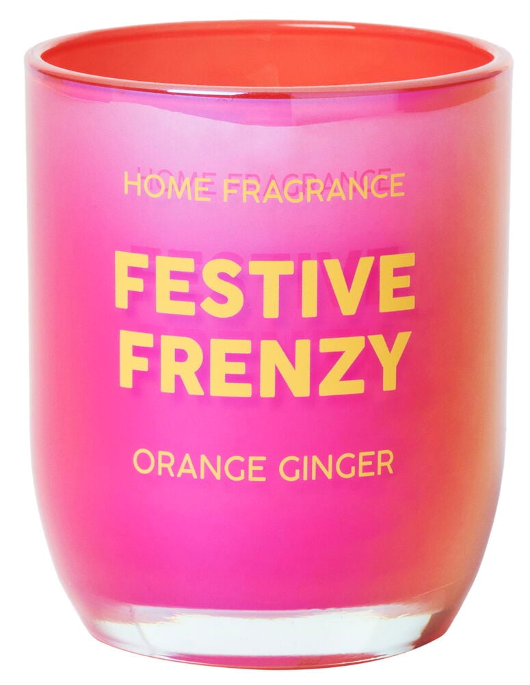 Duftkerze im Glas mit Perlmuttglanz in Orange und Rosa.