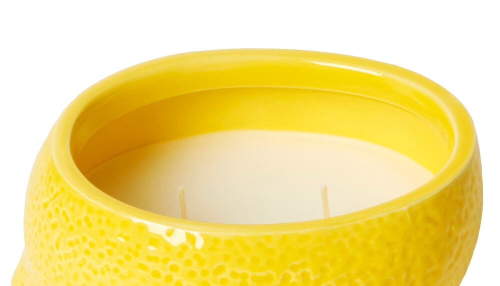 Gelbes Keramiklicht mit zwei Dochten und Zitronendesign.