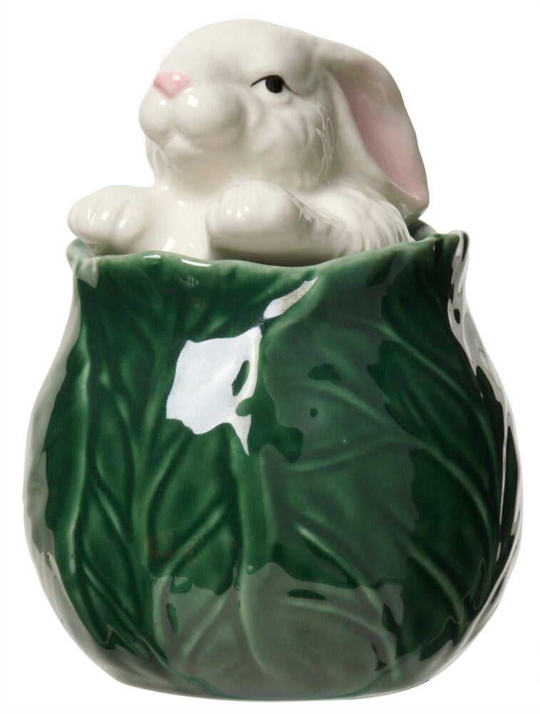 Keramikkrukke formet som kål med kaninlokk.