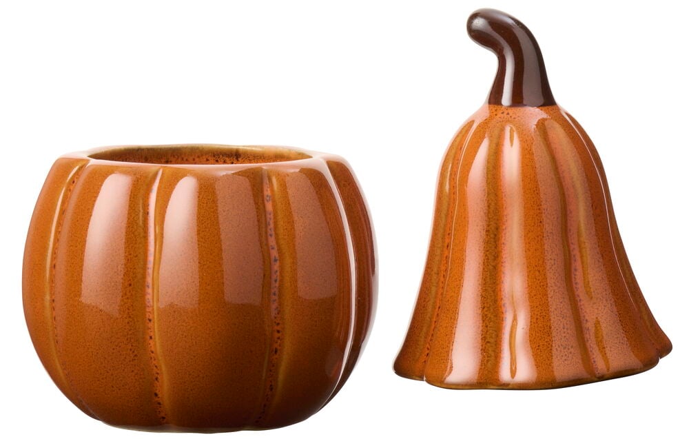 Doftljus keramik Pumpkin med en glansig orangebrun bas och ett räfflat lock med mörkbrun stjälk.