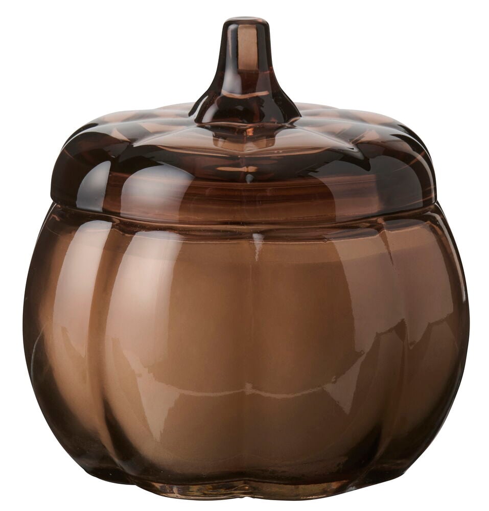 Duftlys Pumpkin 8,5x5,7 cm Glass Cinnabon Nordic, et ravbrunt glasslys formet som et gresskar med lokk.