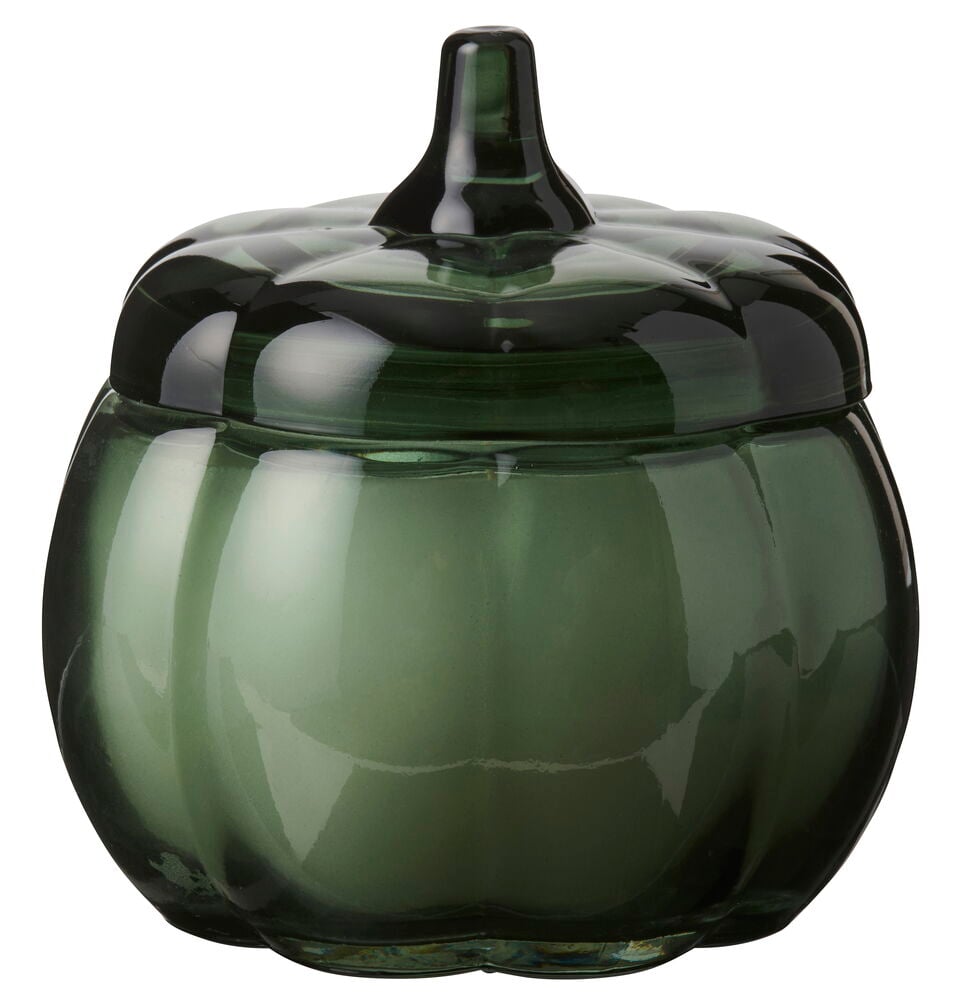 Duftlys Pumpkin: Mørkegrønt glass, en gresskarformet beholder med matchende lokk og stilkhåndtak.