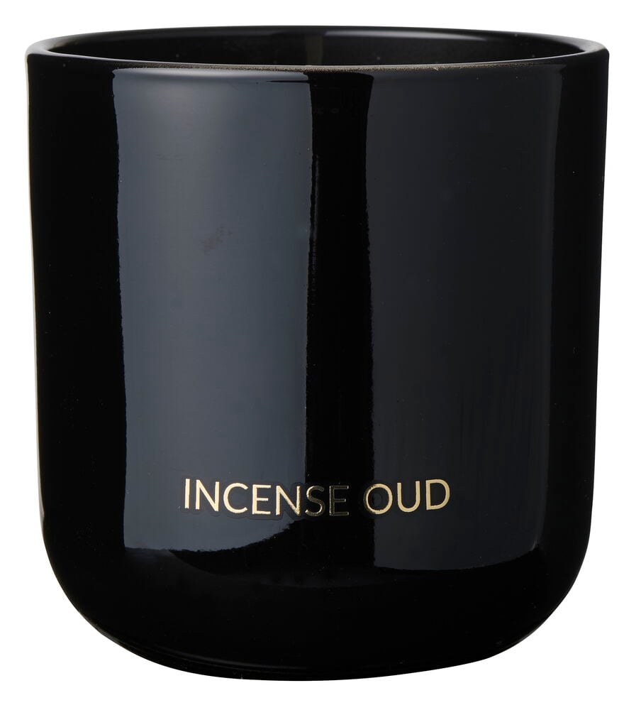 Frontvisning av en svart blank sylindrisk Glass Incense Oud beholder med gulltekst.