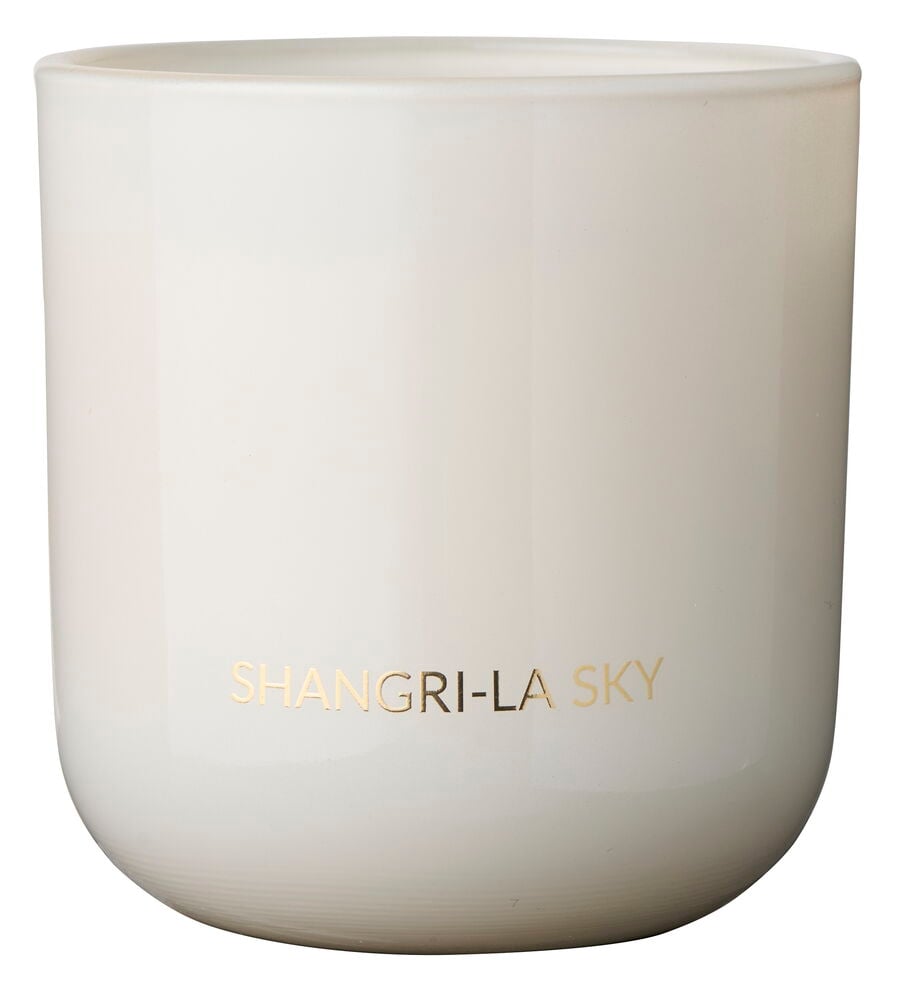 Hvit Glass Shangrila Sky med gulltekst, forfra.